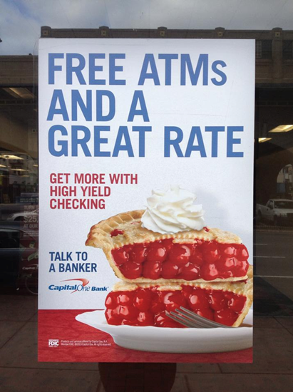 Capital One Bank advertising featured two slices of cherry pie.